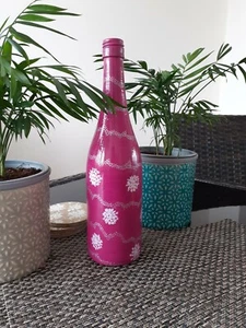 Hand Painted Tall Glass Bottle Home Table Centerpiece Flower Vase Pink/White - Picture 1 of 5