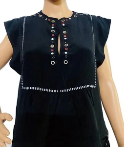 Isabel Marant Women's Eyelet Metal Stud Black Silk Blouse Tunic Top Size L 38 - Picture 1 of 9