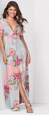 Maxi Vestido Venus Para Mujer Mediano Multi Floral Calado Plisado Manga Corta Cuello en V Foto 1 de 4