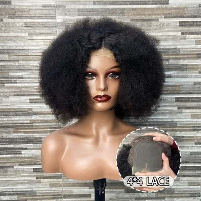 Peluca rizada afro cabello humano 16" 100 % para mujeres negras 4x4 pelucas con cierre de encaje Foto 1 de 4
