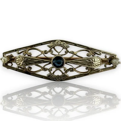 Ostby & Barton Co Antique 1930s 10kt Gold Filigree Brooch Glass Seed Pearls - Image 1 of 4