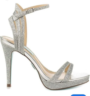 Sandalias de tacón alto Betsey Johnson plateadas con plataforma brillante talla 9,5 Foto 1 de 4