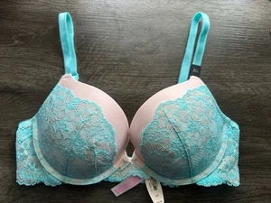 Victorias Secret Dream Angels Lace Push Up Bra - Teal/Pink & Shimmer SZ 36C NWT - Picture 1 of 9