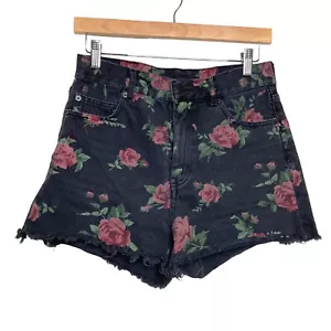 Monki Floral Roses Raw Hem High Rise Jean Shorts Size 28 - Picture 1 of 11