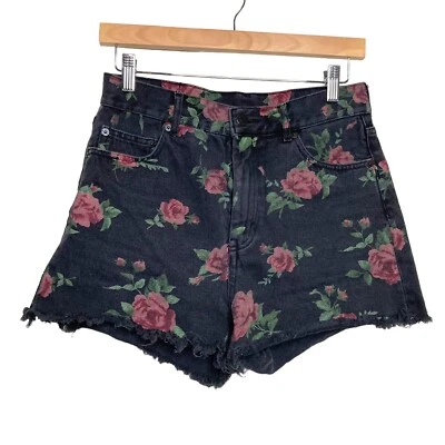 Monki Floral Roses Raw Hem High Rise Jean Shorts Size 28 - Image 1 of 4