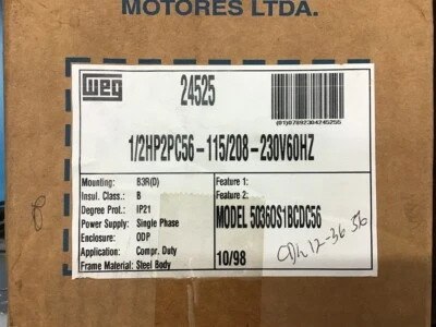 Weg 5036OS1BCDC56 1/2 Hp AC Motor 115/208-230 V Single Phase 2P 3600 Rpm 56 FR - Image 1 of 4