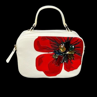 Sharif White Leather Rhinestone Red Flower Purse Shoulder Bag Brand NEW - Image 1 of 4
