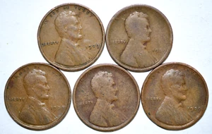 Five (5) 1909 Lincoln Wheat 1 Cent 19mm Bronze Pennies, KM# 132, FREE SHIPPING - Picture 1 of 2