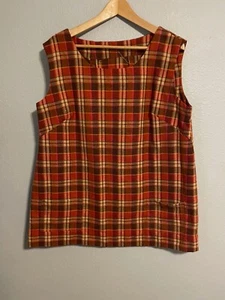 VTG Handmade Womens Tunic Large Orange Plaid Tweed Sleeveless Academia MCM 60s - Picture 1 of 6