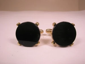 9/16" Round Black Stone Cabochon & Gold Tone Vintage HINGED SMALL Cuff Links - Picture 1 of 6