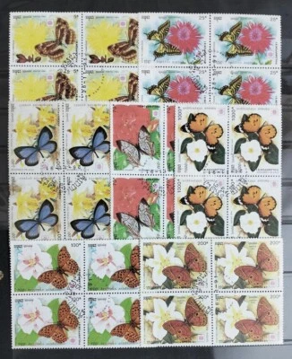 122. Laos 1991 used set/7 Stamps Butterflies, Insects Block of Four - Image 1 of 3