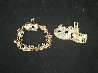  Noah's Ark  Charm Bracelet And Brooch Pin Christian Jewelry Relious 2 Pieces - Image 1 of 4
