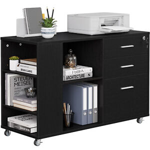 Mobile File Cabinet 3 Drawer Lateral Filing Cabinet w/ Open Side Storage Shelves