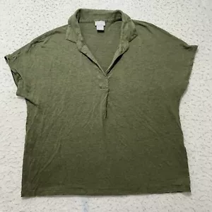 Chico's 1 Women's Medium Olive Green Short Sleeve Pure Linen Collared Polo Shirt - Picture 1 of 12
