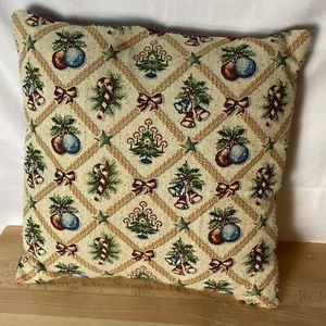 Windowpane Diamond Tapestry Christmas Pillow w Ornaments Trees Bells Candy Canes - Picture 1 of 12