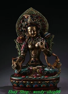 12"Old Tibet Bronze inlay Turquoise Gems 7 eyes White Tara Guanyin Buddha Statue - Picture 1 of 9