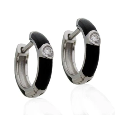 Orecchini a cerchio in argento 925 rodiato con zircone e smalto nero - Immagine 1 di 2