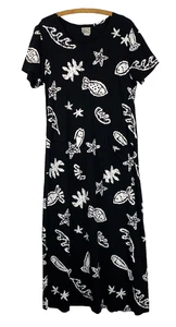 Vintage 90er Neuheit Print Midikleid M Fisch Stern Strand Baumwolle Relaxed Taschen - Bild 1 von 10