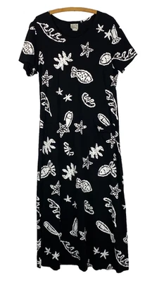 Vintage 1990s novelty print midi dress M fish star beach cotton relaxed pockets - Image 1 of 4