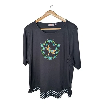 Dobladillo negro a lunares con flores de libélula bordadas talla 3X Quacker Factory Foto 1 de 4