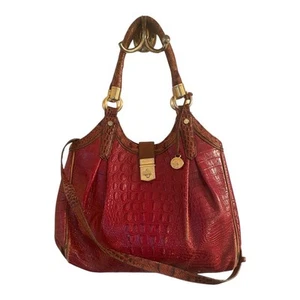 Brahmin Eliza Tasche Handtasche tiefrot Kroko-Prägung Leder brauner Besatz Statement Bag - Bild 1 von 10