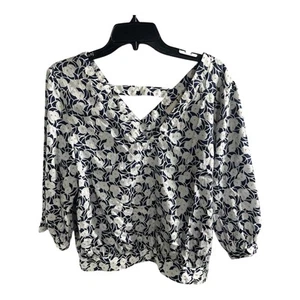 Blusa Anthropologie Matasellos Azul Marino y Blanco Estampado Floral Talla 12 Botones Cuello en V - Imagen 1 de 7