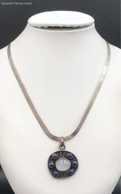 Collar colgante con broche de garra de cadena de espiga de plata 925 con lapislázuli, piedra lunar Foto 1 de 4