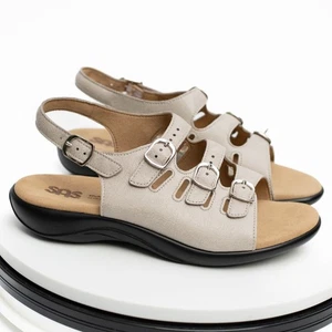 SAS Mystic Web Linen Sandals Women 8.5 WW Beige Leather Adjustable Comfort Shoes - Picture 1 of 9