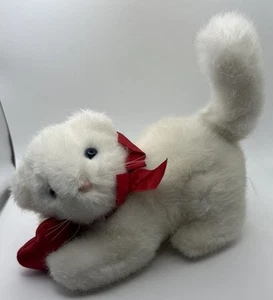 Dakin Stofftier Plüsch weiße Katze rotes Band zum Aufziehen Vintage 1992 musikalischer Schwanz bewegt sich - Bild 1 von 8