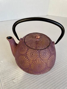 Japanese Style Cast Iron 40oz Teapot, Purple with Gold Plum Flower Design - Picture 1 of 7