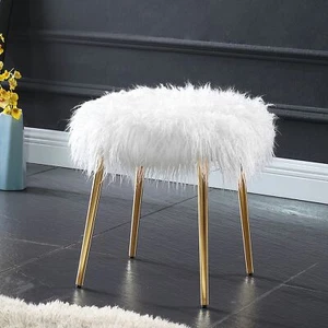 Ravni Faux Fur Accent Ottoman With Gold Legs - Picture 1 of 6