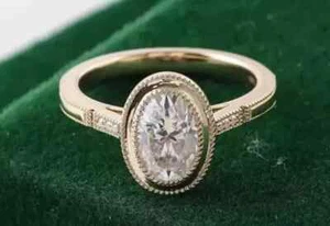 1.5Ct Oval Cut Moissanite Women's Bezel Set Wedding Ring 14K Yellow Gold Plated - Picture 1 of 5