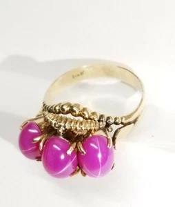 Ladies Mid-Century Modern 14K Gold Star Sapphire Cocktail Ring 3 Stone - Picture 1 of 12
