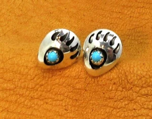 Native American Navajo Bear Paw Earrings Esther White Turquoise Sterling #375 - Picture 1 of 5