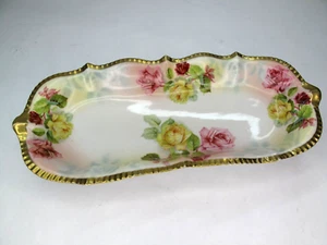 Royal Rudolstadt Prussia Celery Bread Plate Pink Red Yellow Roses Gold Trim - Picture 1 of 9