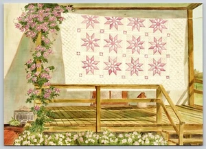 Postal Dalia en Porche - Edredones Amish por Susie Riehl Acuarela Gran Tamaño 1987 - Imagen 1 de 2