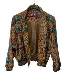 Paisley Zip Up Womens Jacket Windbreaker Tail Bomber Green Red Gold Size Large - Picture 1 of 8