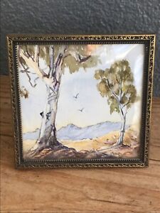 Vintage Miniature watercolour of Australian landscape in gilt frame.