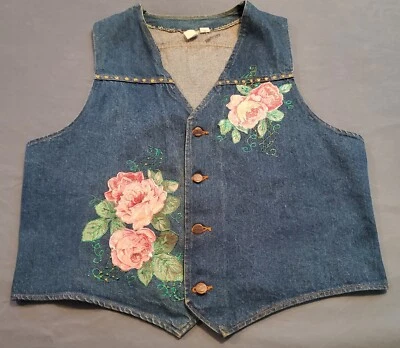 Vintage Jean Hand Painted Vest Branders Dickies Denim Jean vest Flowers Roses XL - Image 1 of 4