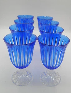AJKA cobalt blue cut to clear iced tea water goblets 8 pcs Bohemian - Picture 1 of 9