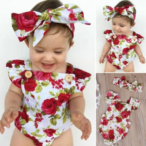 2pcs Flower Newborn Baby Girls Jumpsuit Romper Bodysuit+ Headband Outfits Set - Picture 1 of 6