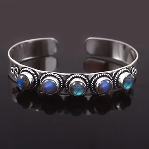 925 Sterling Silver Natural Labradorite Gemstone Jewelry Handmade Cuff Bracelet - Picture 1 of 3