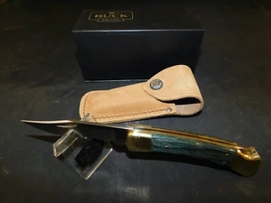 BUCK KNIFE 110 FOLDING HUNTER CUSTOM BLUE WOOD - Picture 1 of 6