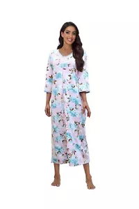 Women's Floral Zip Up Housecoat Soft Bathrobe Half Sleeve Sleepwear Full Leng... - Picture 1 of 5
