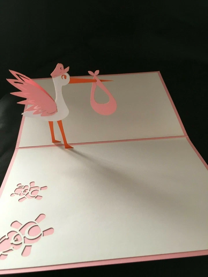 Tarjeta PopUp 3D Cigüeña Niña Nueva Bebé Rosa Nacimiento Amor Aniversario Género Vile Foto 1 de 1