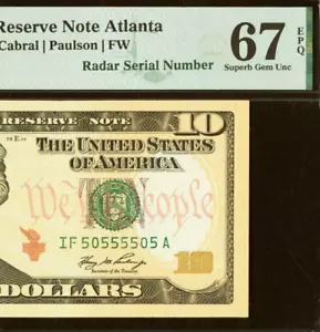 2006 $20 Federal Reserve Note PMG 67EPQ - Fancy Radar Serial Number 50555505 - Picture 1 of 3
