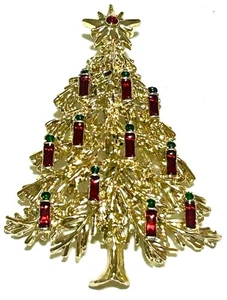 Tancer II Christmas Tree Brooch Pin Red Candles Rhinestone Enamel Gold Tone - Picture 1 of 8