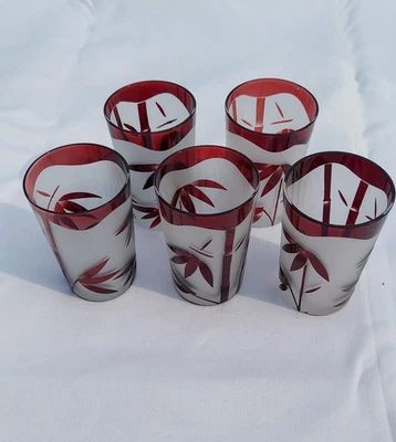 5 1940's ruby cut to clear bamboo design juice or small drink glasses, 4" Japan - Image 1 of 4