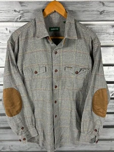 Orvis Plaid Elbow Patch Long Sleeve Button Up Shirt Mens L Gray Plaid flannel - Picture 1 of 8