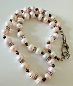 Impresionante collar de cuentas de cristal anudado de hematita de perlas genuinas de 16 pulgadas - Imagen 1 de 15